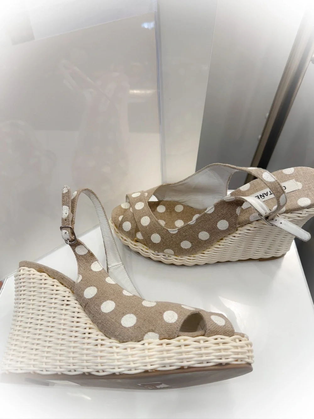 New Never worn Castanet Beige Polka Dot Espadrille Wedge Sandals Made in Spain